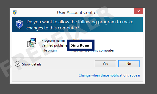 Screenshot where Ding Ruan appears as the verified publisher in the UAC dialog